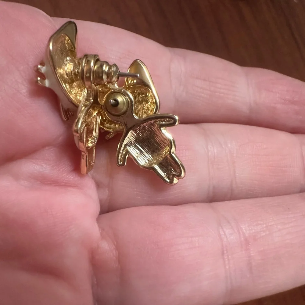 Betsey Johnson Gold-Tone White Enamel Pink Rhinestones Mixed Metal Cat Earrings - Picture 6 of 6